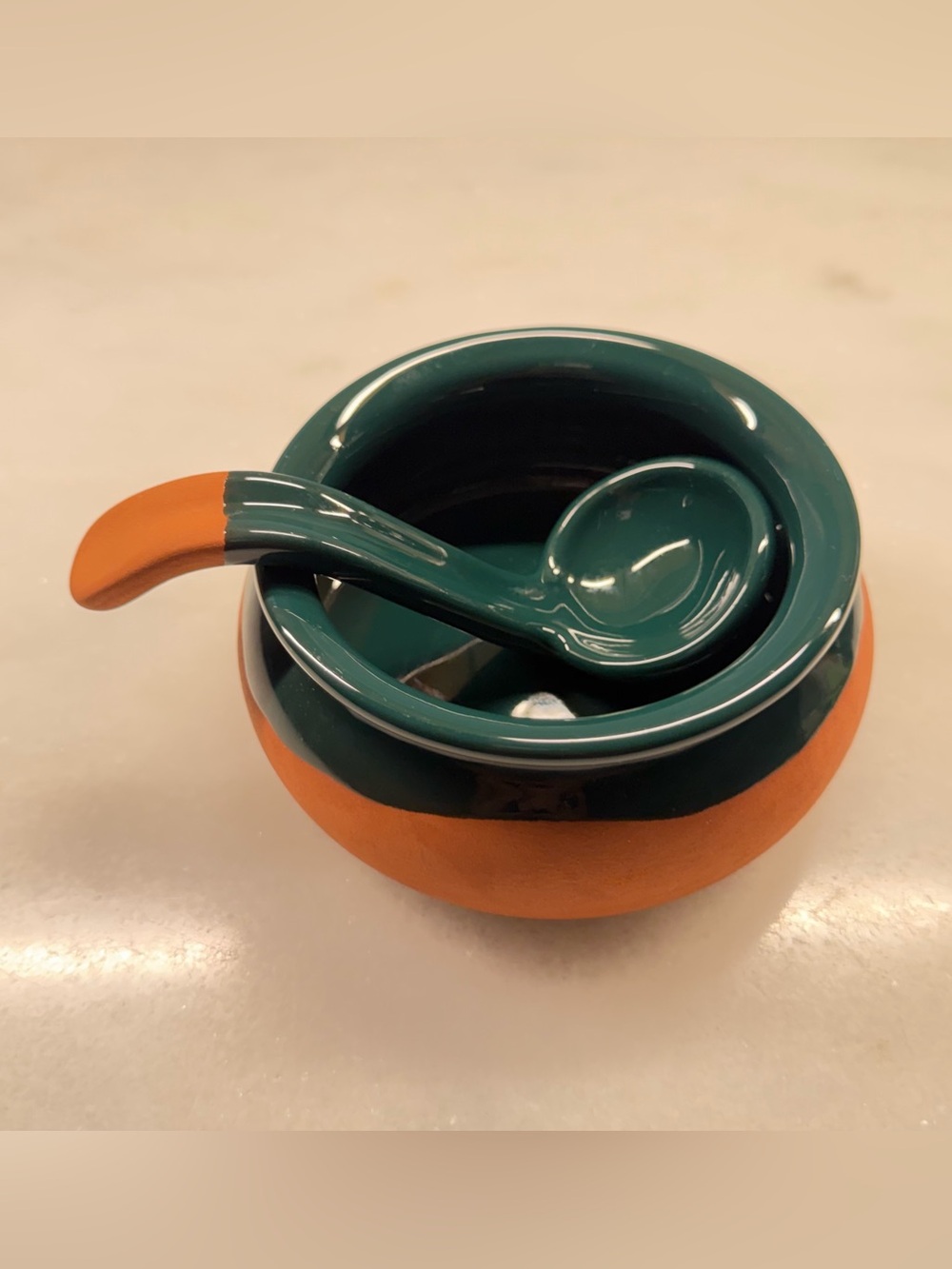 Teal and Orange Ceramic Sugar Bowl with Spoon